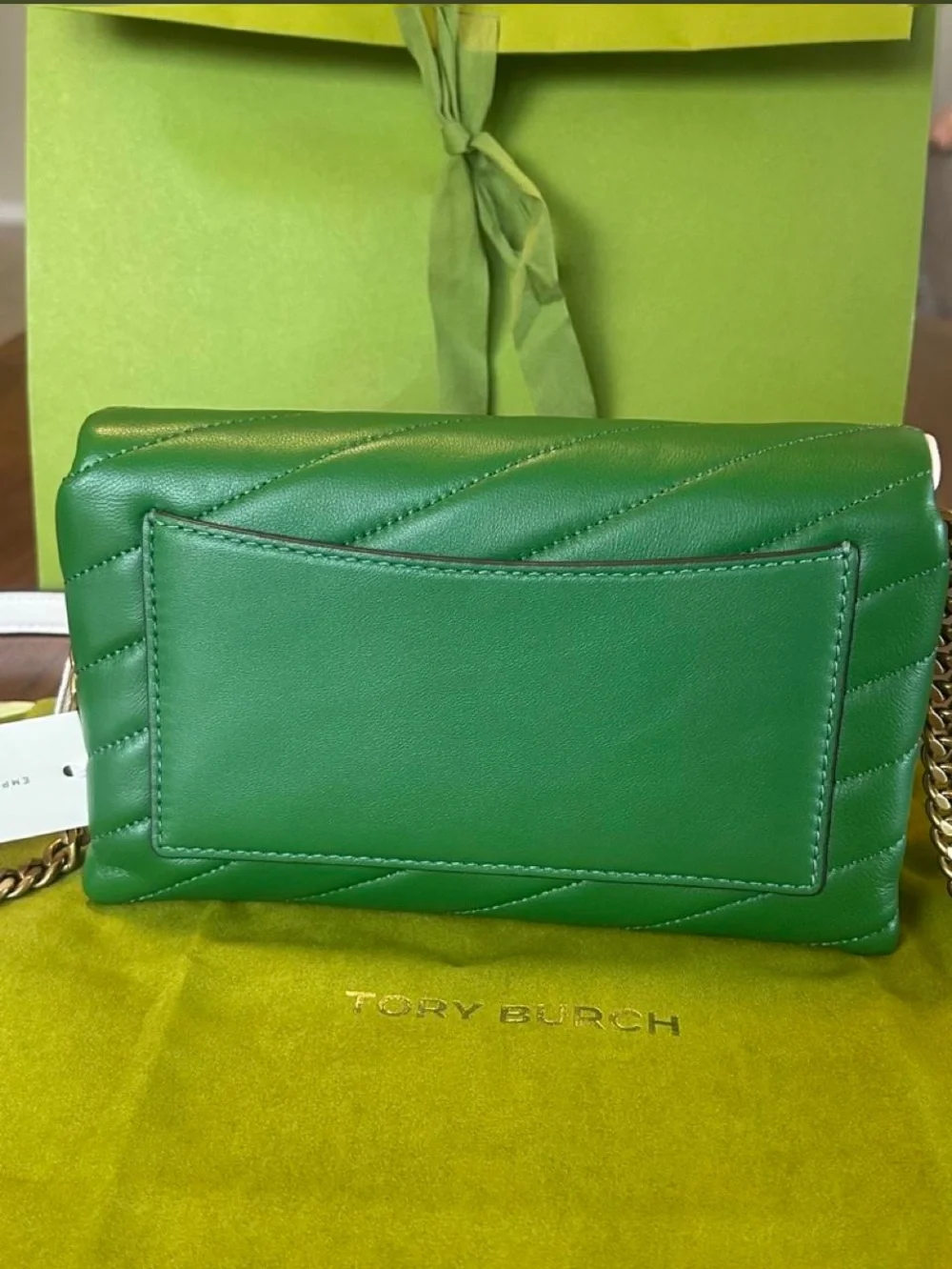 Tory Burch Green and Light Cream Kira Chevron Chain Wallet